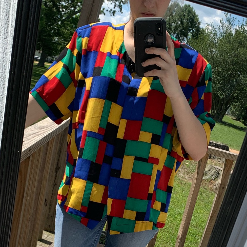 Vintage primary color block shirt w/ shoulder pads